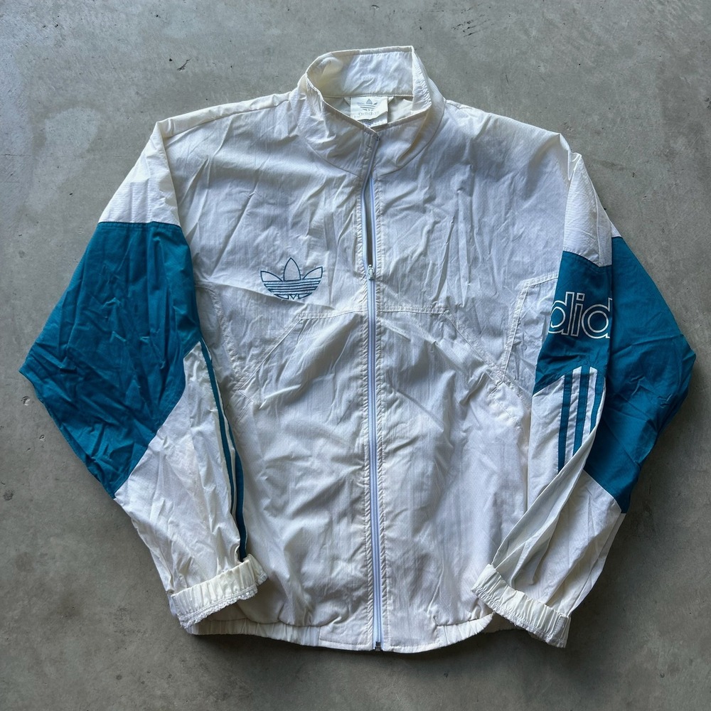 Vintage Adidas Windbreaker Jacket XL White Teal Colorblock Trefoil 90s Ripstop